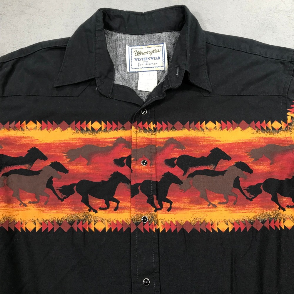 Vintage Wrangler Western Snap Shirt Womens Large Black Horse Print Southwest